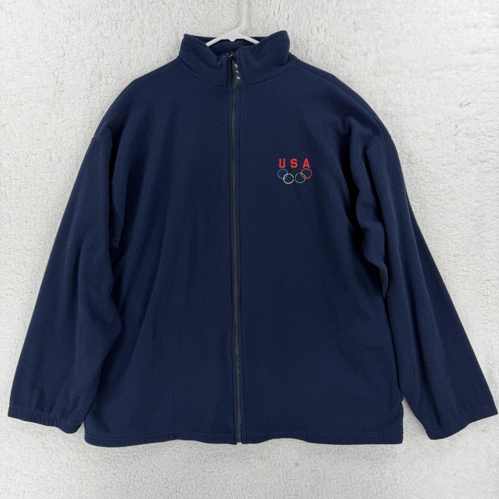 Team USA Jacket Mens 2XL Blue Olympic Rings Fleece Full Zip Made In USA